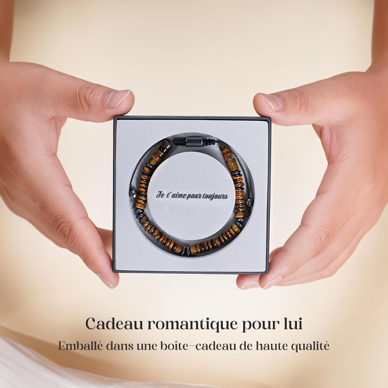 Thumbnail 1 de Bracelet homme en œil de tigre naturel Lueaurra, taille réglable 19 à 23 cm (idée cadeau)