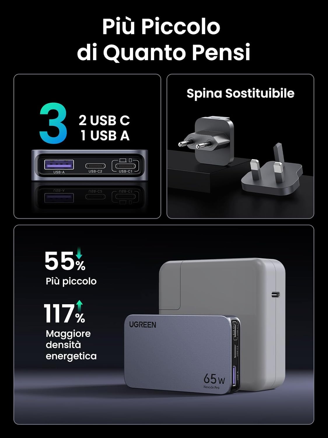 Detalle 2 de UGREEN Nexode Air caricatore ultra sottile 65W con USB-C e USB-A, compatibile (Galaxy S e MacBook, iPad, iPhone, Steam Deck)