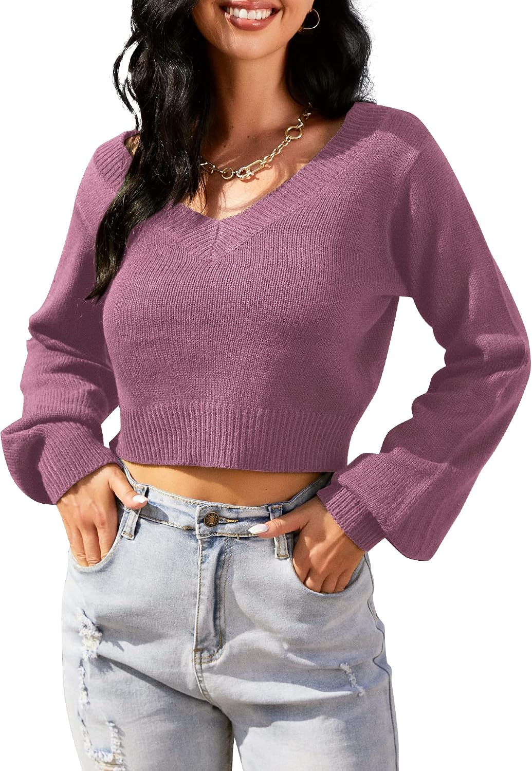 Detalle 2 de ZAFUL Cropped V-Neck Sweater