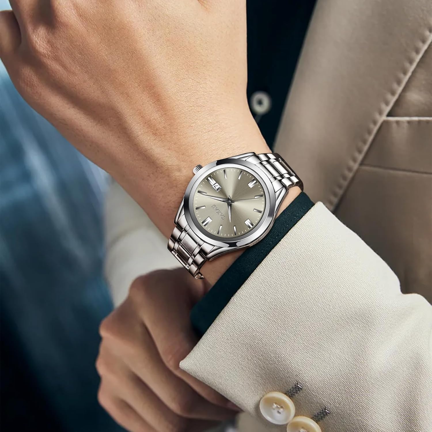 Detalle de Taxau Herren Edelstahl Chronograph Uhr – wasserdicht, Leuchtzeiger & Kalenderfunktion