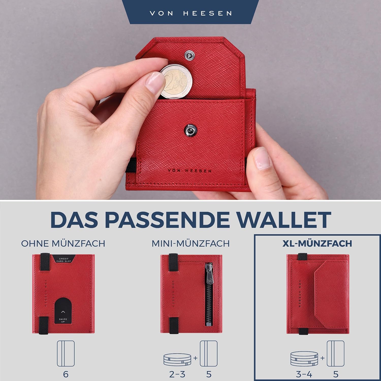 Detalle 2 de VON HEESEN Slim Wallet Rot Saffiano 9×7×1,8 cm