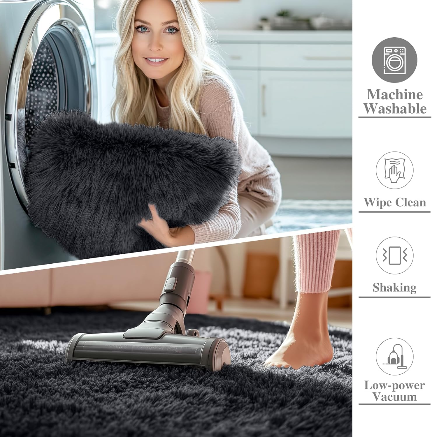 Detalle de Homaxy Hochflor Teppich 60 x 100 cm Schwarz mit Anti-Rutsch-Unterseite und Waschbar