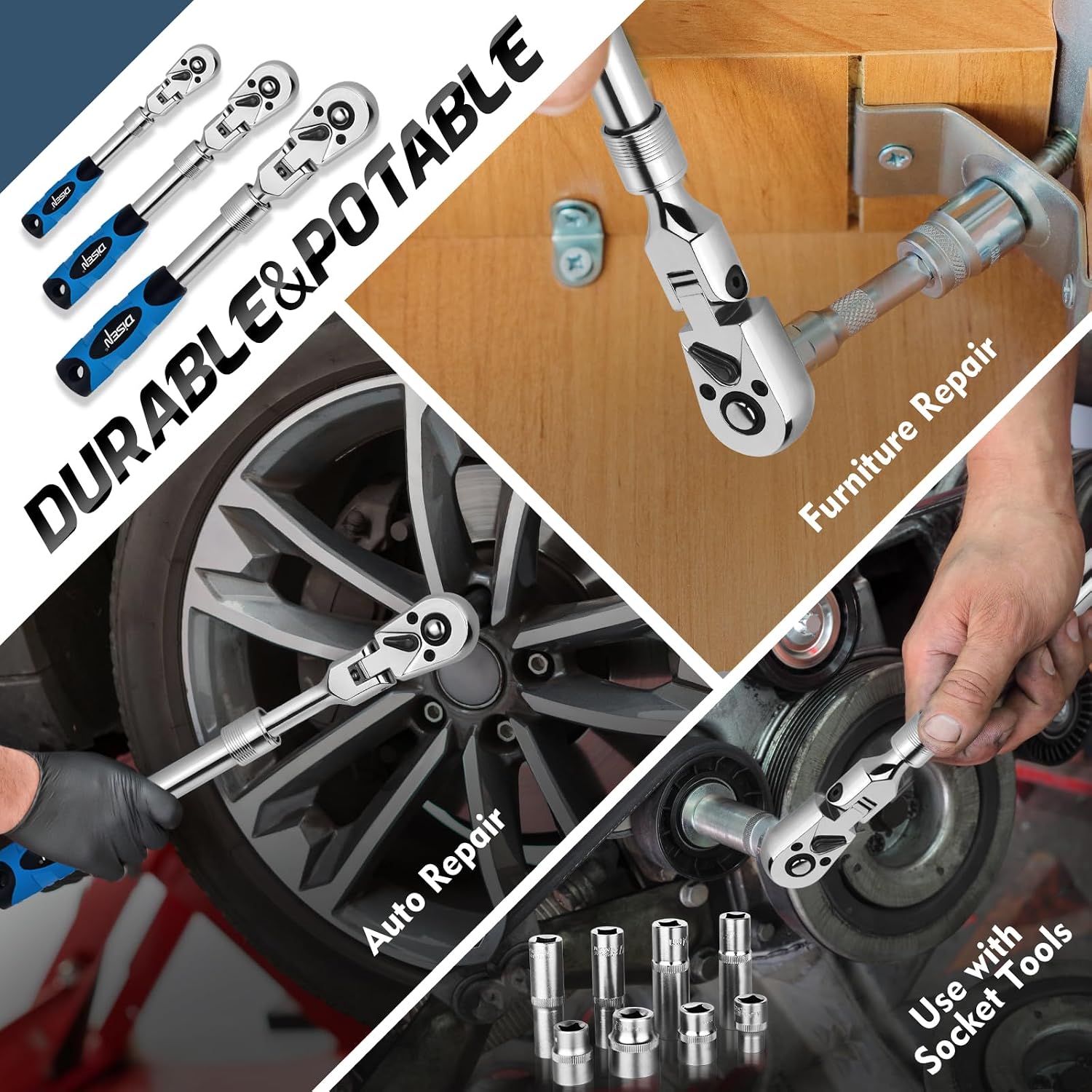 Detalle 2 de DISEN DISEN-3HDTJLB Extendable Flex-Head Ratchet Wrench Set, 3-Piece, 72-Tooth