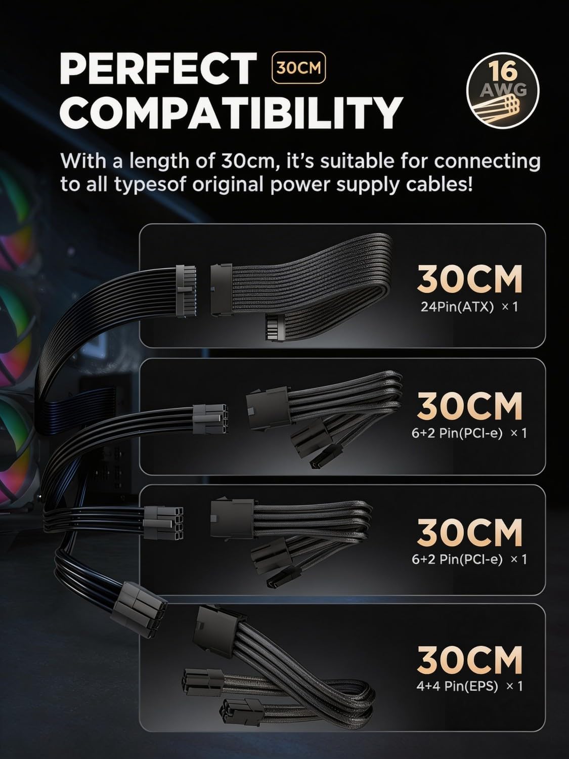 Thumbnail 5 de AsiaHorse PSU Kabelverlängerung: Sleeve-Kit für GPU/CPU, 30 cm, 16AWG