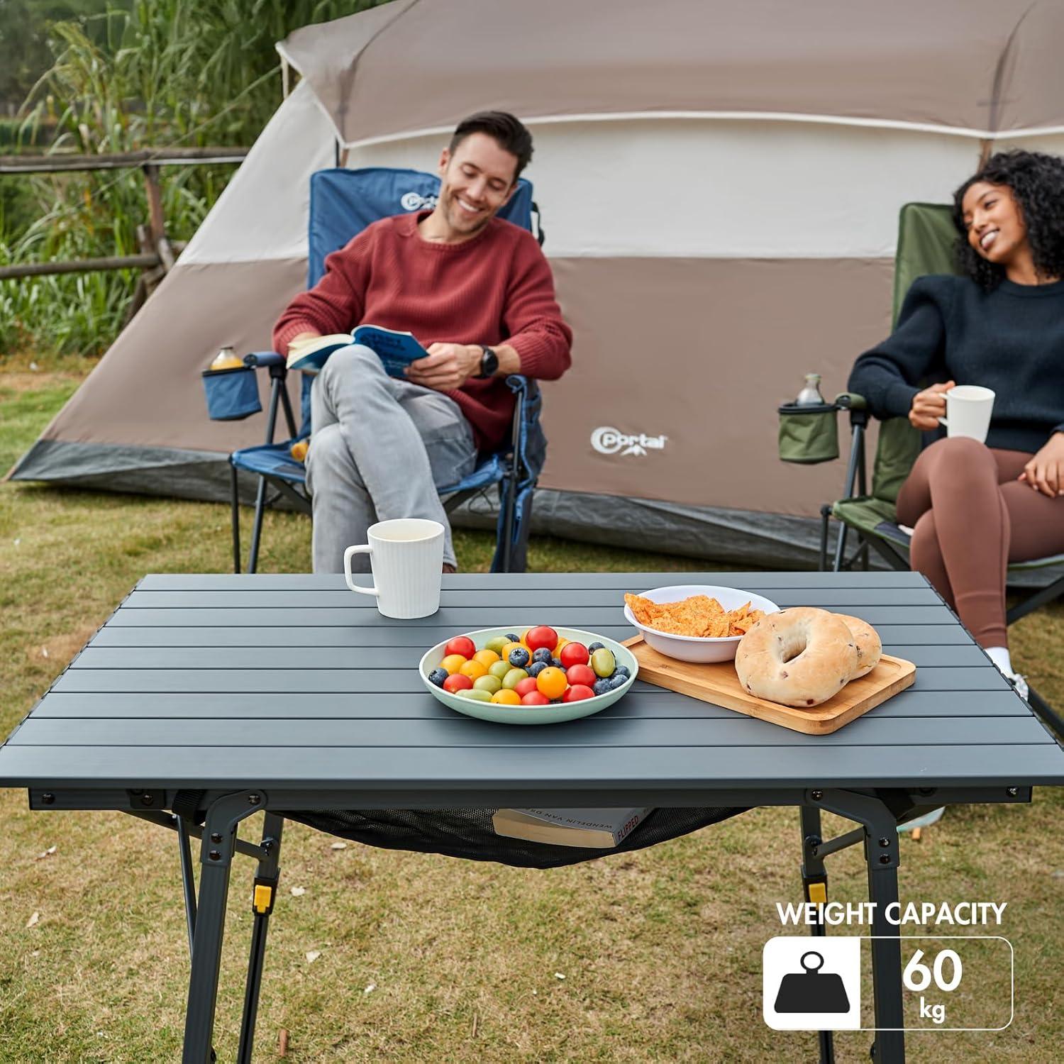 Detalle de Portal faltbarer Campingtisch mit höhenverstellbaren Beinen, Aluminium, 90 × 53 cm (für bis zu 4 Personen)