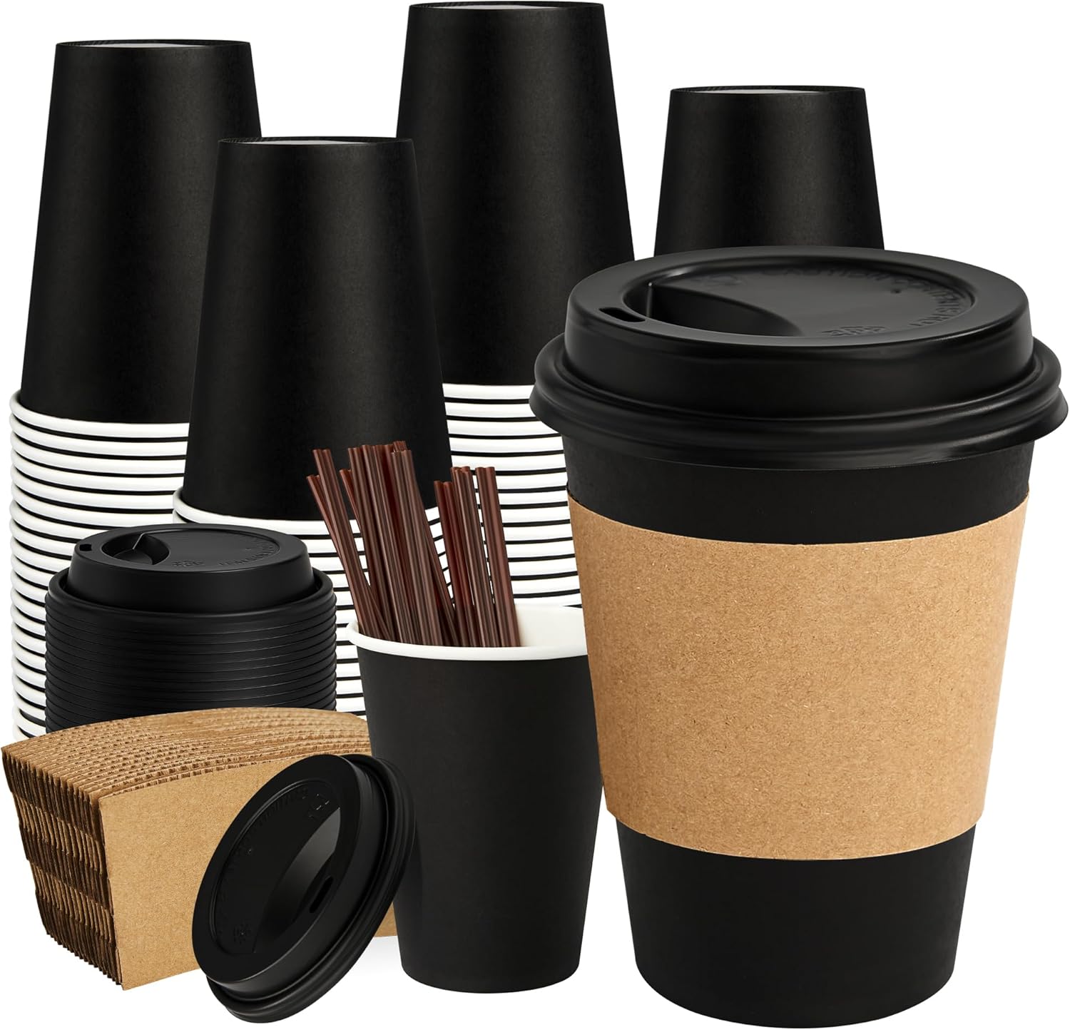 PACKINNO 12 oz 50 Count Black Disposable Cups with Lids, Sleeves, and Straws (All-in-One)