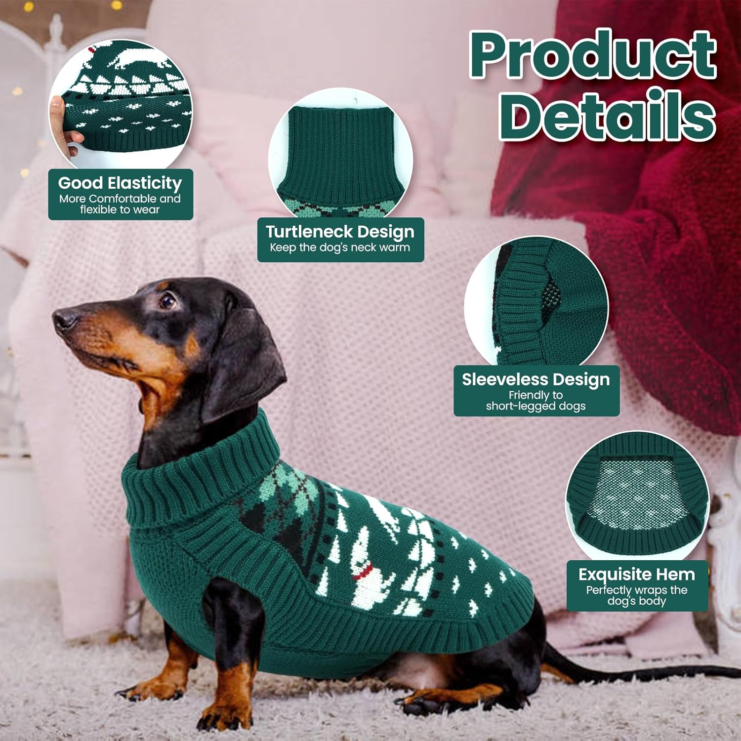 Detalle de Lelepet Dog Jumper for Dachshund – Knitted Warm Turtleneck Sweater in Green S