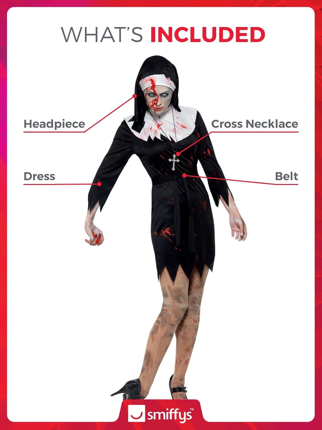 Thumbnail 3 de Smiffys Damen Zombie Ordensschwester Kostüm – Kleid, Kopftuch, Gürtel und Kreuzkette, schwarz