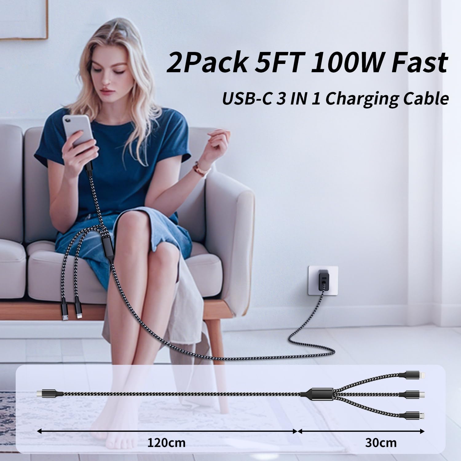 Thumbnail 6 de 3 in 1 100W USB-C Multi Charging Cable, 5ft 🔌