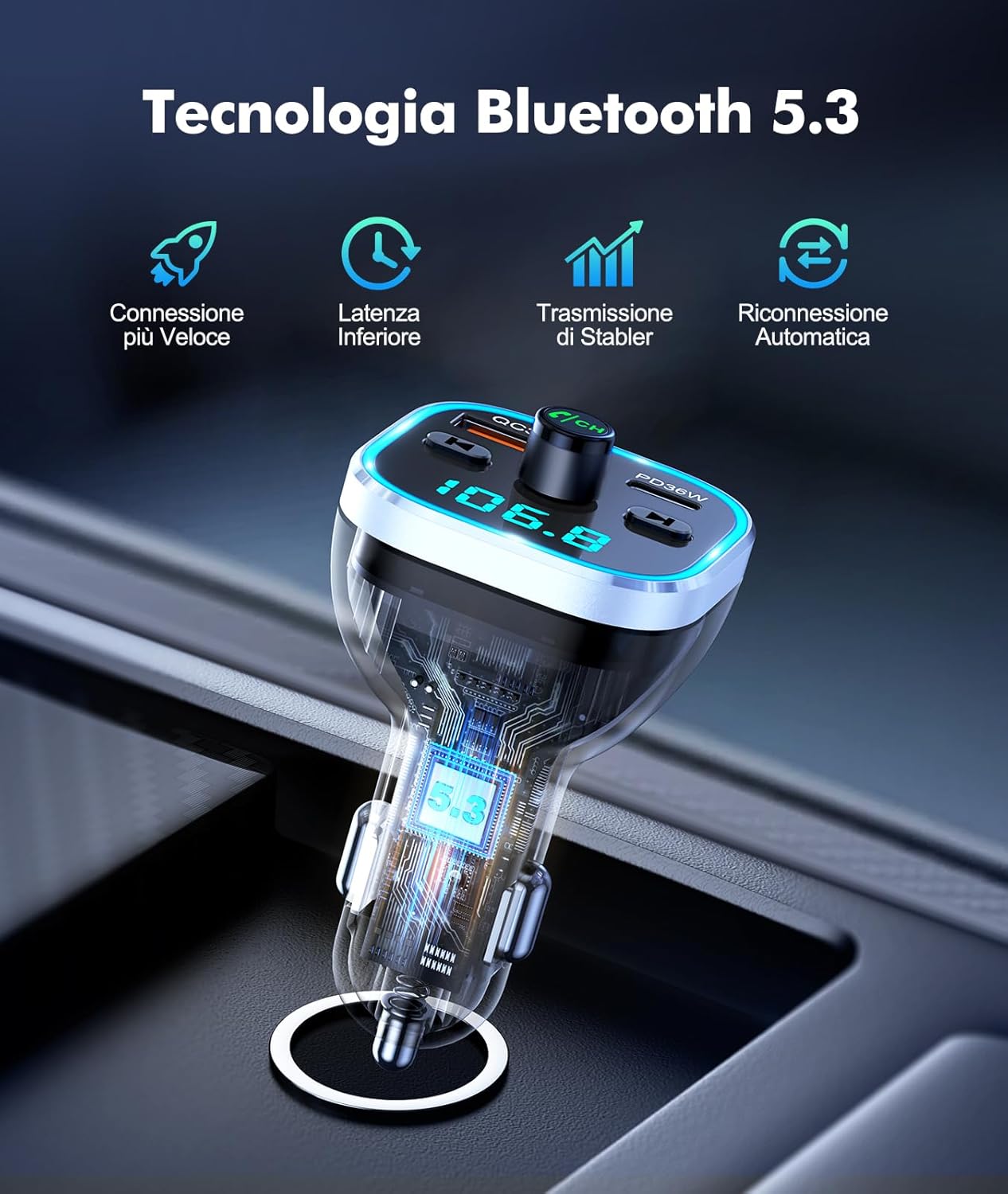 Detalle 2 de Mohard Bluetooth Auto trasmettitore FM 54W PD per auto