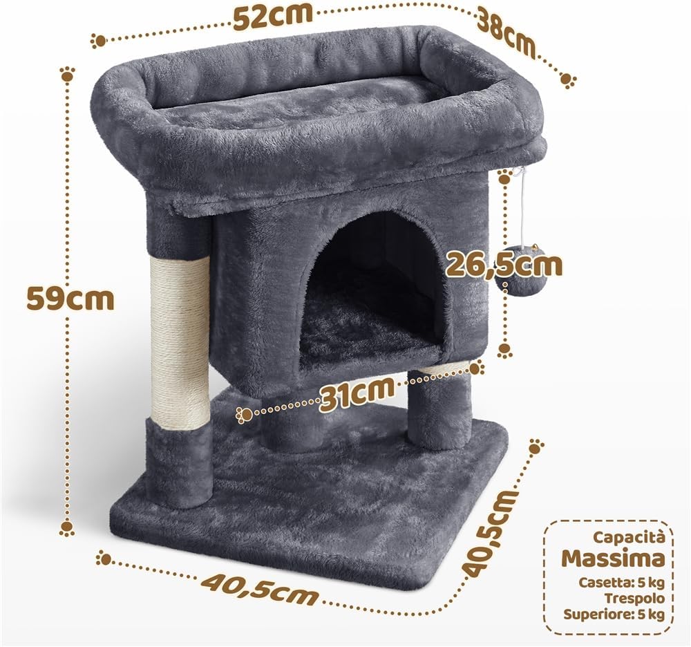 Detalle de Yaheetech Tiragraffi Albero per Gatti con Posatoio e Treppiede in Sisal – 40,5 x 40,5 x 59 cm, Grigio Scuro
