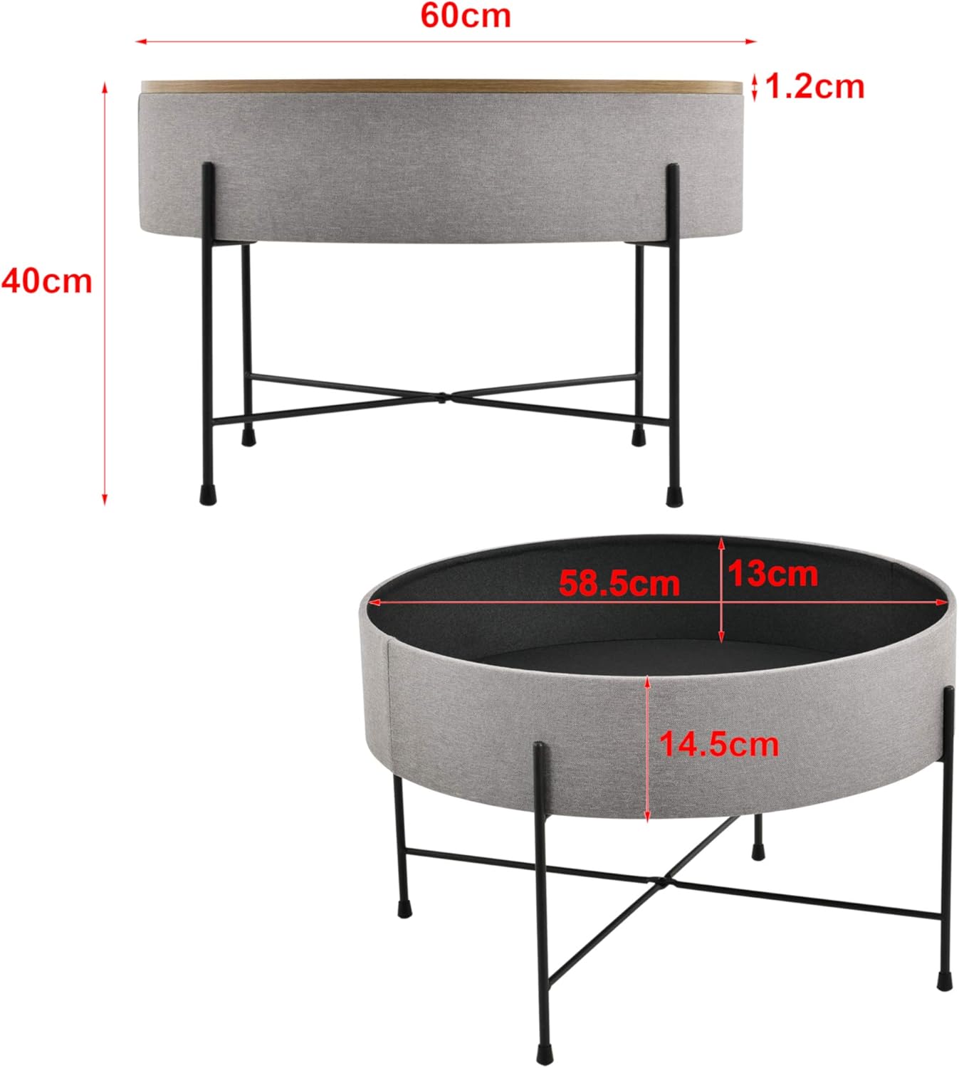 Detalle de Tavolino Contenitore con Piano Rotondo Rimovibile in Noce/Grigio – design moderno con scomparto