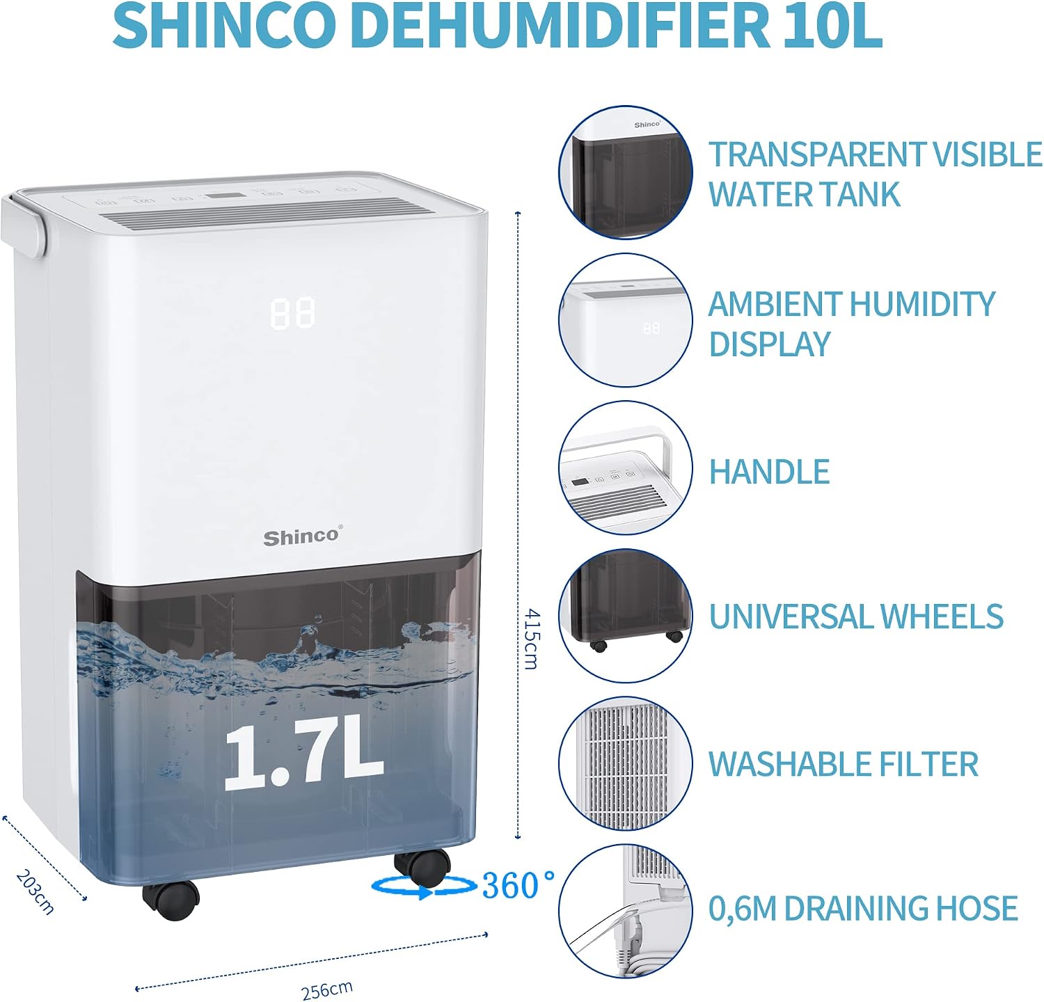 Detalle de SHINCO 10L dehumidifier with continuous drain