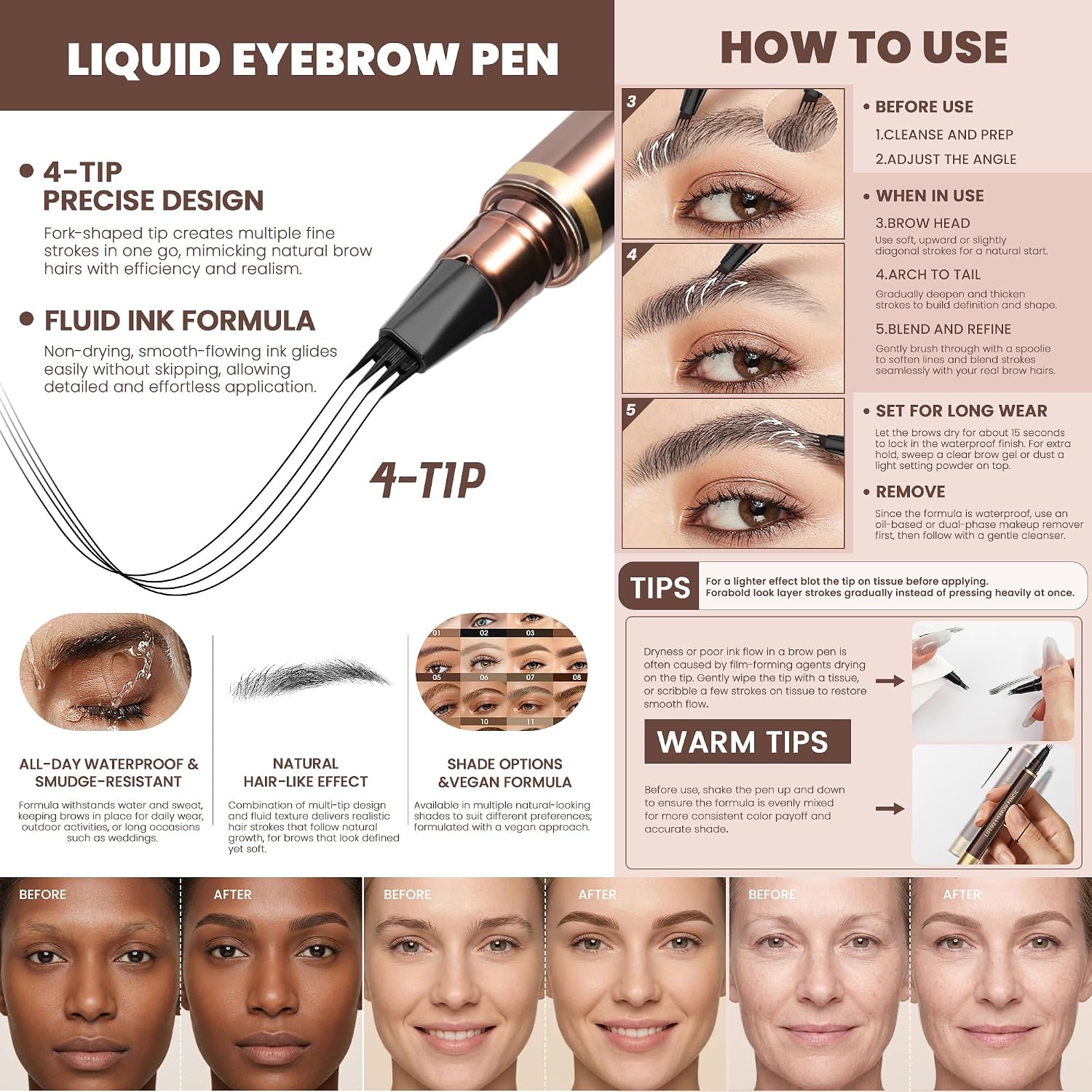 Thumbnail 1 de Espoce Eyebrow Pen, 2-Pack Four-Tip Waterproof Applicator in Black Brown