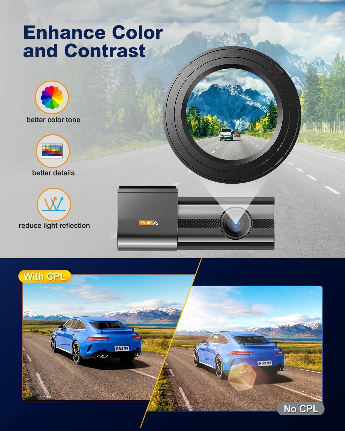 Detalle de Dashcam auto 4K con filtro CPL e WiFi