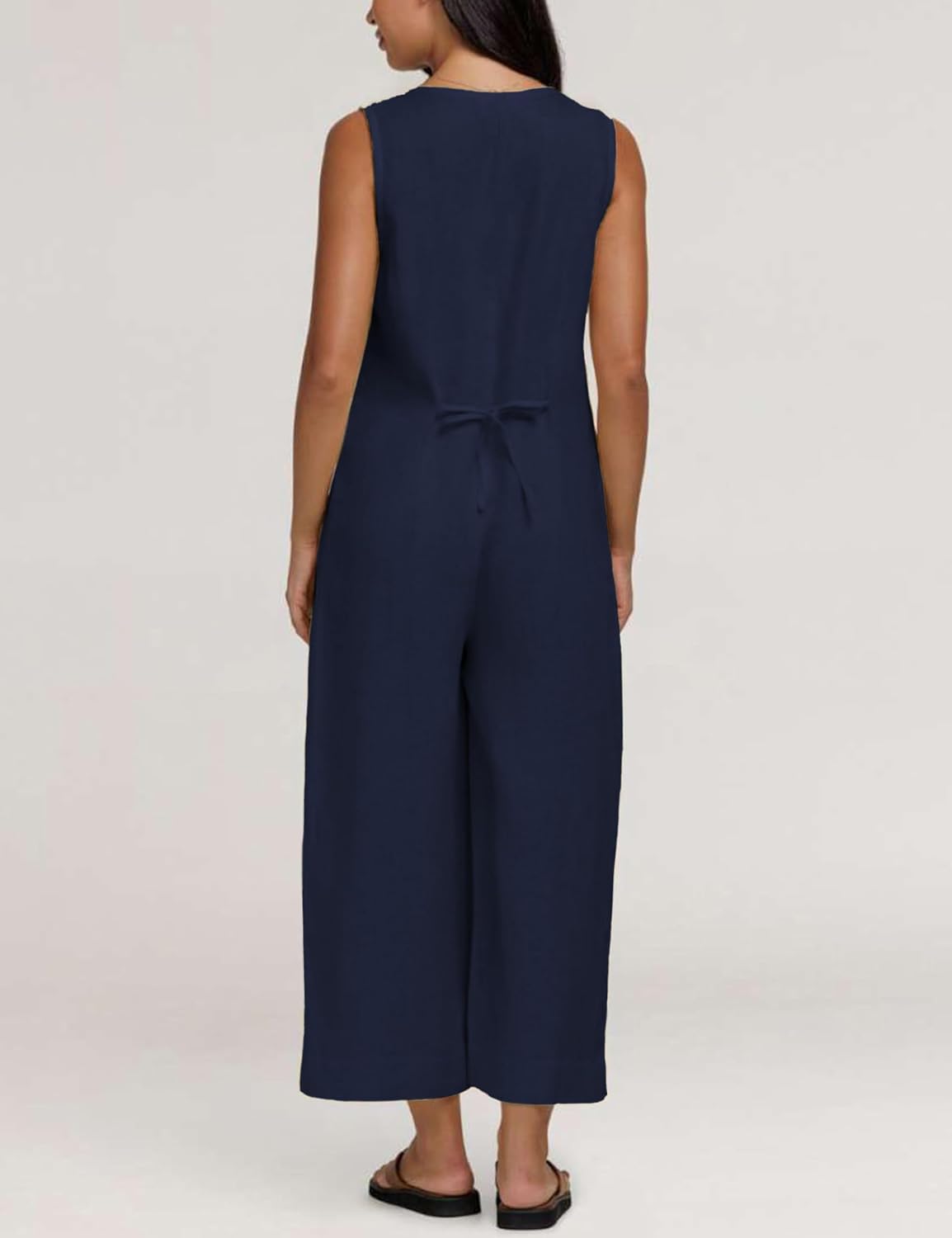 Detalle de Yeokou Women Button Down Jumpsuits: Cotton Linen Sleeveless Wide-Leg Romper with Pockets
