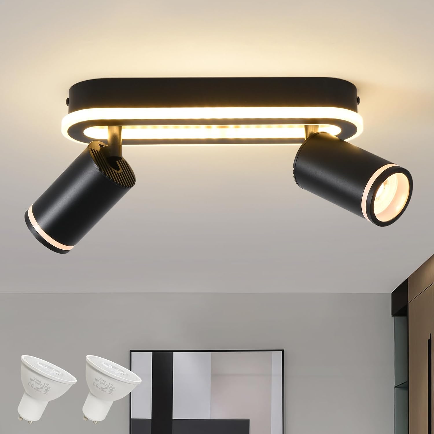 Detalle de SANSHI Deckenleuchte 2-flammig mit LED, schwenkbar 350°: 15W + 2x 5W GU10 Spots, 3000K warmweiß, schwarz