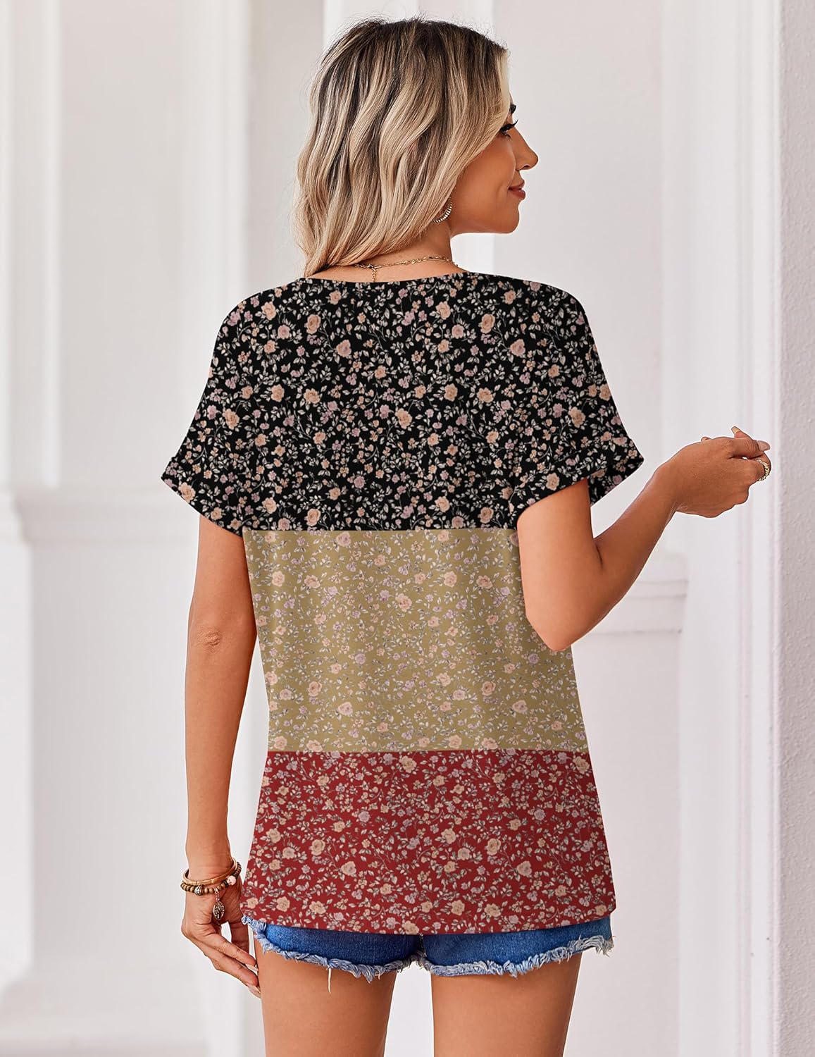 Thumbnail 5 de Zeagoo Women’s Summer Tops Rolled Short Sleeve V-Neck Shirts (Floral Print or Solid)