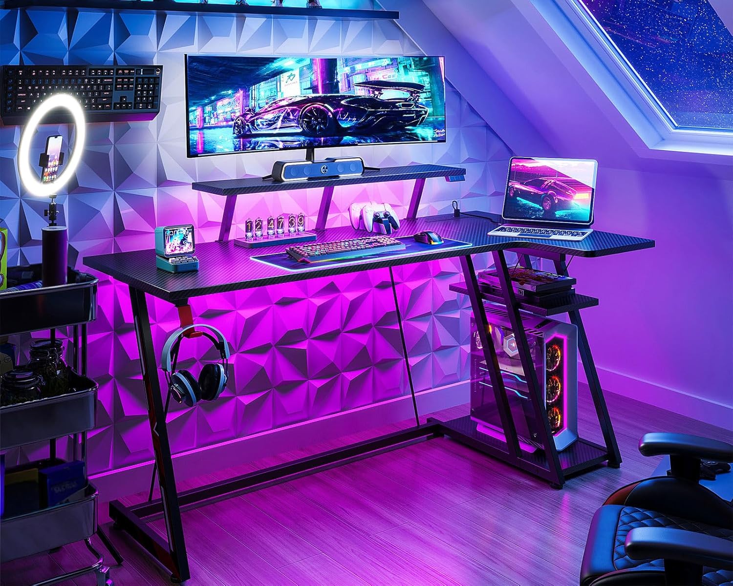 Thumbnail 1 de ODK Gaming Desk with LED Lights, 2 Power Outlets & 140CM L-Shaped Monitor Stand (Carbon Fibre Black)