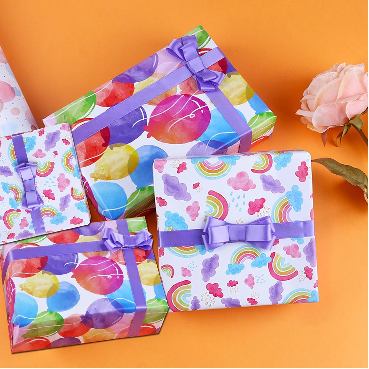 Thumbnail 6 de Liiqin 6 Blatt Geschenkpapier Set für Kindergeburtstag, 50×70 cm – Regenbogen & Luftballons