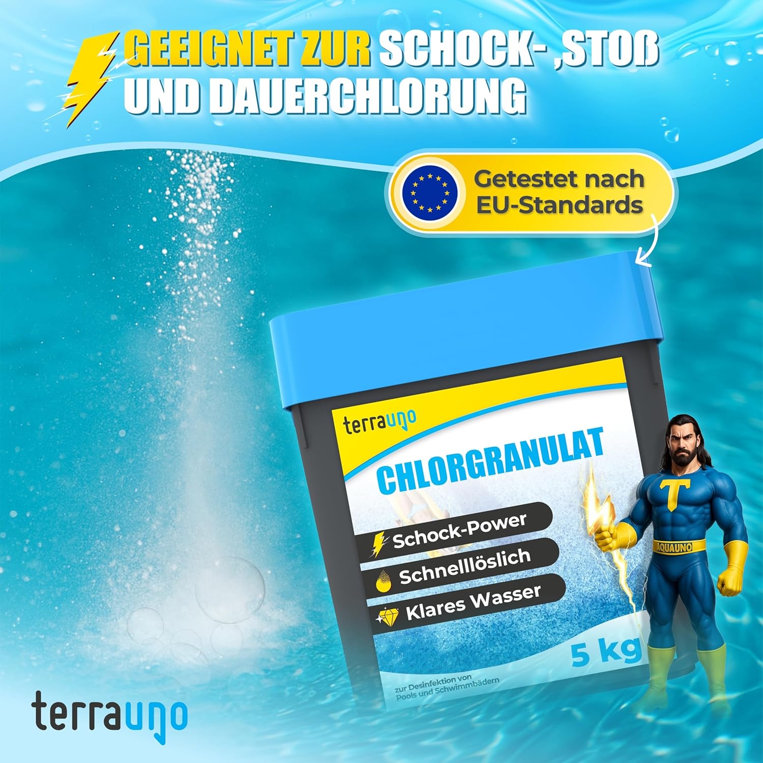 Detalle de TerraUno Chlorgranulat für Pool – Schnelle Schock- und Dauerchlorung, 5 kg