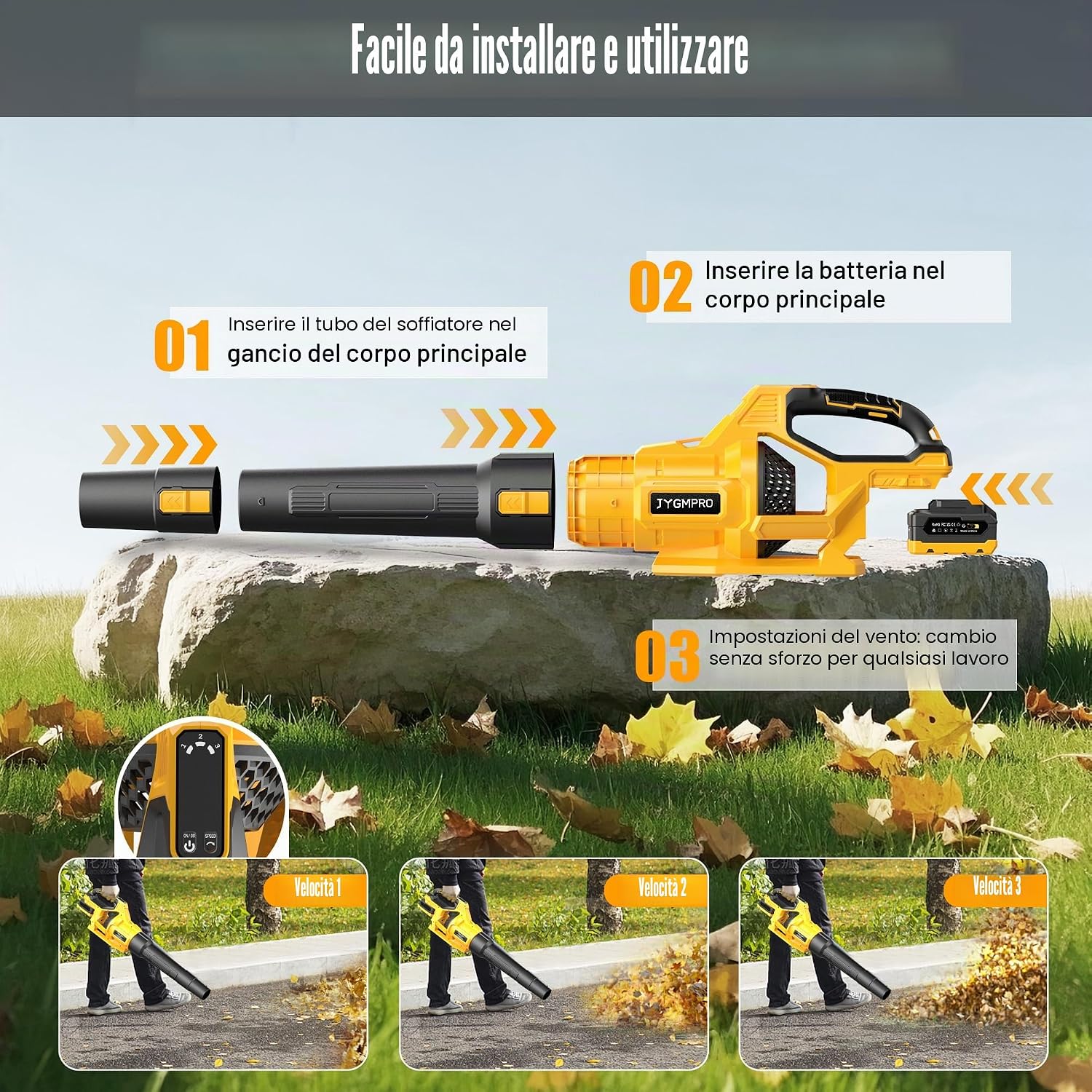 Detalle 2 de Soffiatore a batteria 21V JYGMPRO: potenza senza fili con due batterie incluse