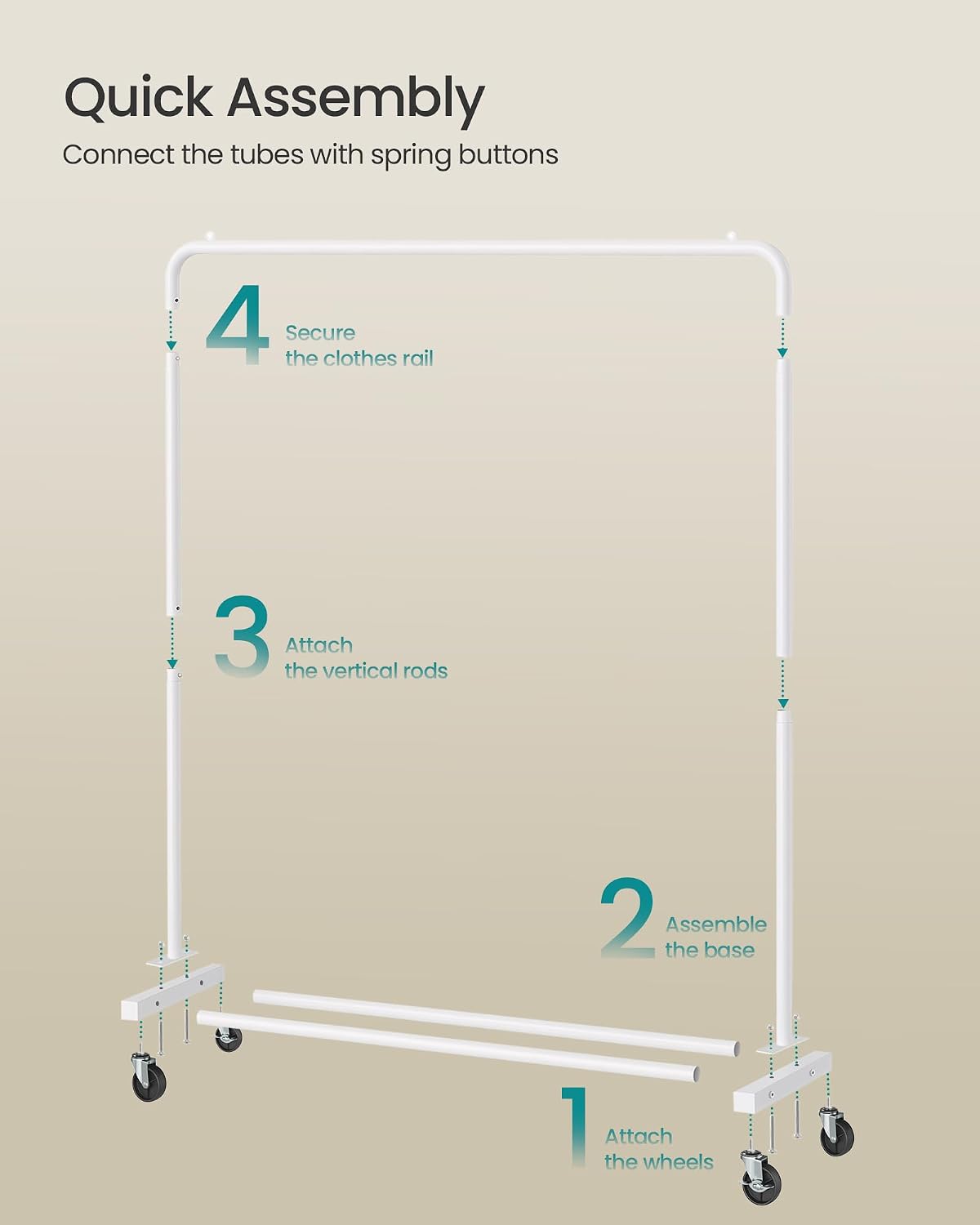 Detalle 2 de SONGMICS Clothes Rack on Wheels HSR016WG01: A sturdy, mobile garment rail with lockable wheels
