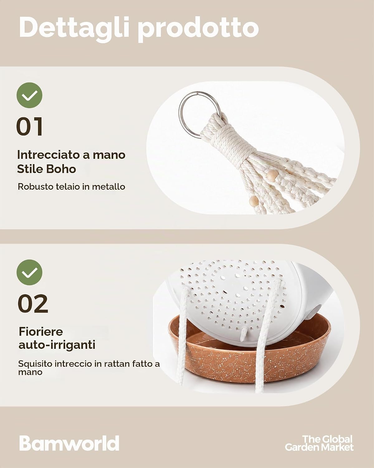 Thumbnail 4 de Bamworld Confezione da 3 vasi per piante da appendere in macramè – set autoirrigante per interni ed esterni