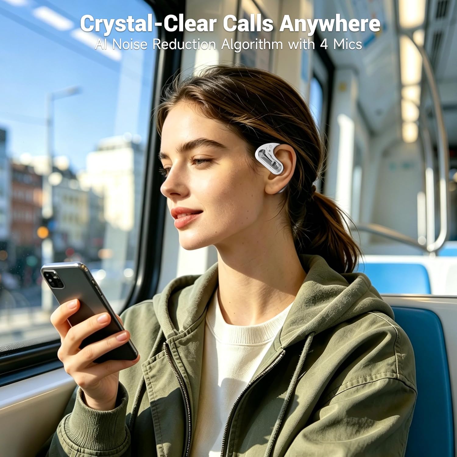 Detalle de Open Ear Headphones with Bluetooth 5.4 — 60H Playtime, LED Display Case, IPX7 Waterproof (White)
