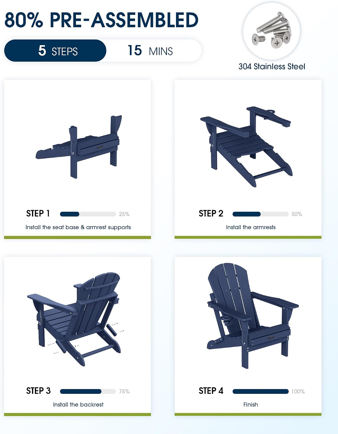 Detalle 1 de MUCHENGHY Folding Adirondack Chair Set of 2, Dark Navy HDPE, Cup Holder