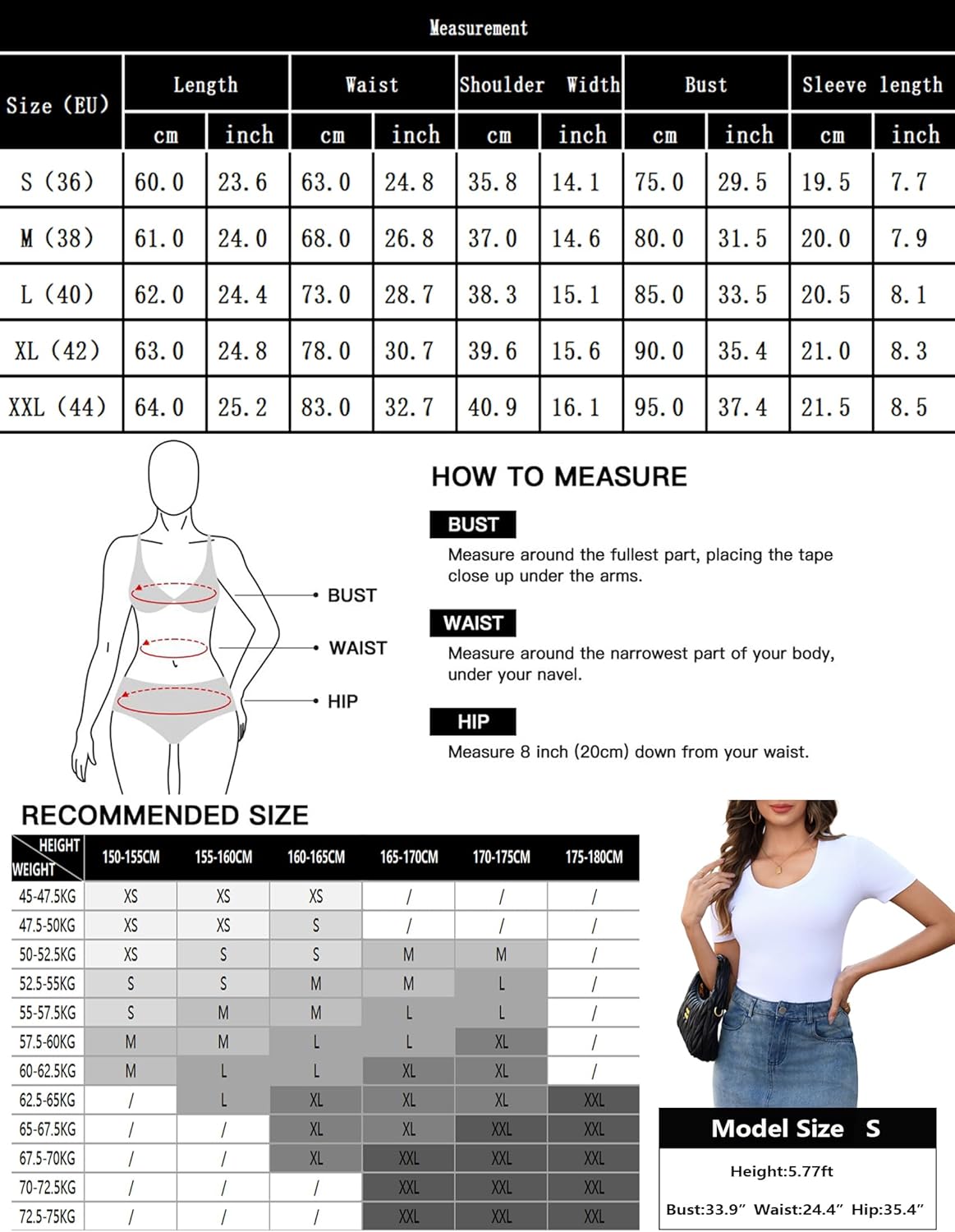 Thumbnail 5 de Aottori Damen T-Shirt mit V-Ausschnitt – kurzarm, geripptes Basic in Slim Fit (92% Baumwolle, 8% Elasthan)