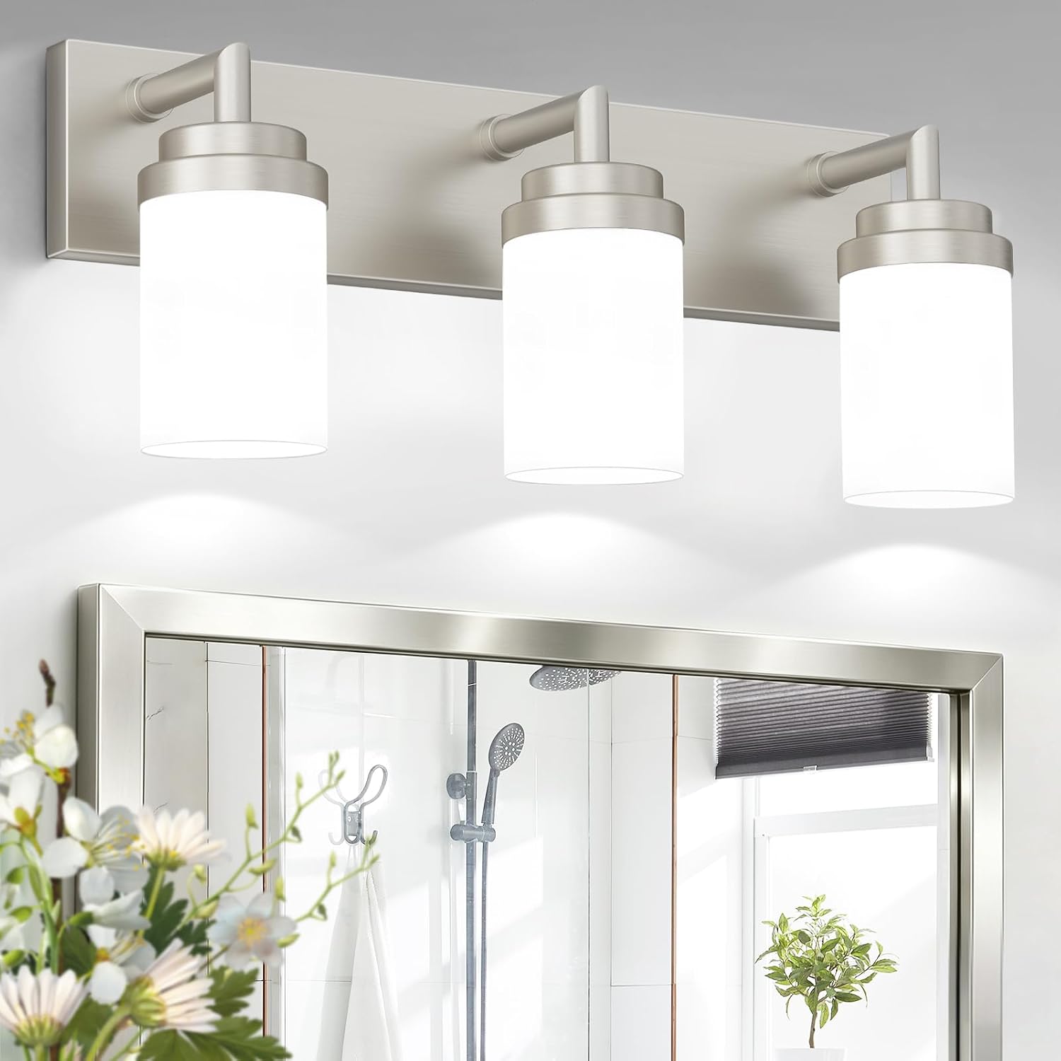 Detalle de LKHF Vanity light 3-Light Bathroom Vanity Fixture, Brushed Nickel, White Glass