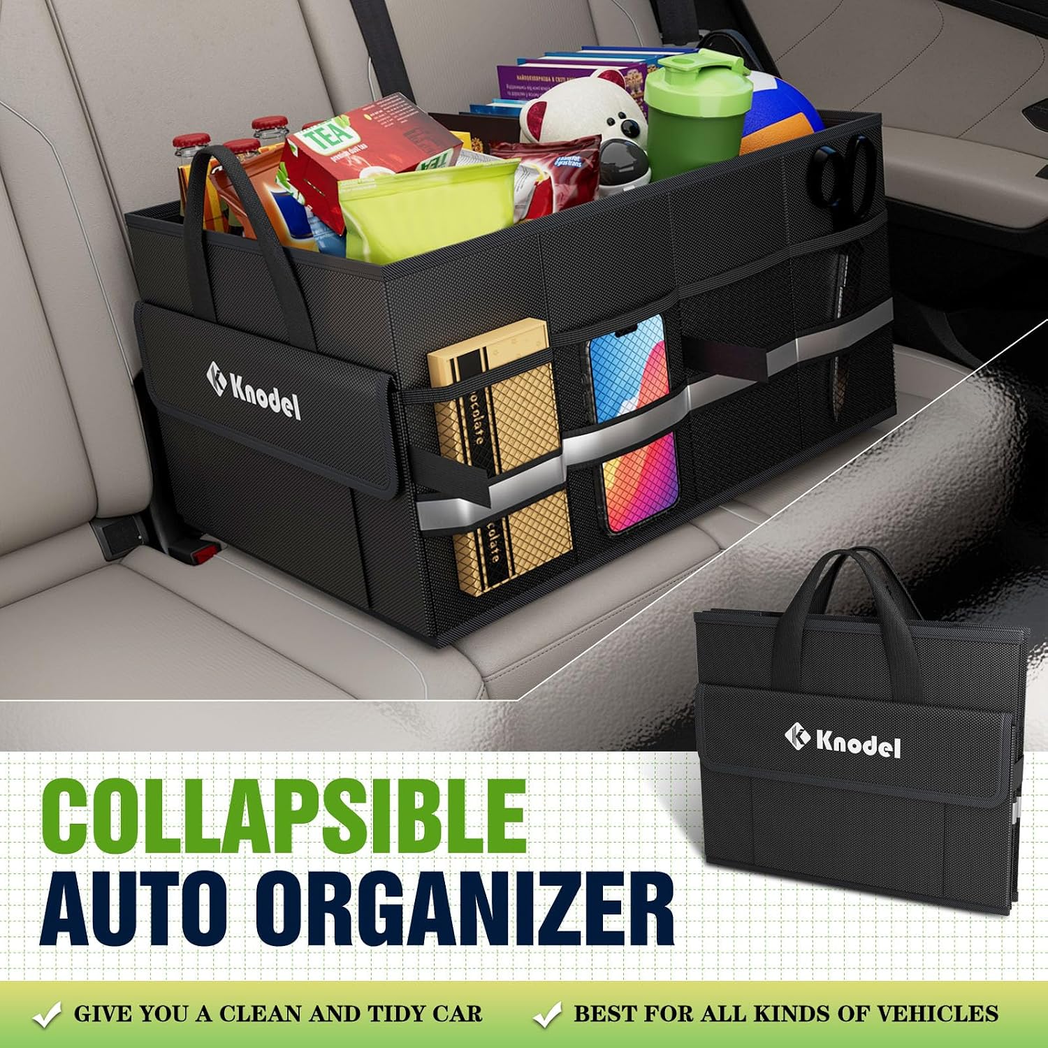 Detalle de K KNODEL Car Boot Organiser – Boot Storage Box and Bag for Small Vehicle & SUV (Small, Black)