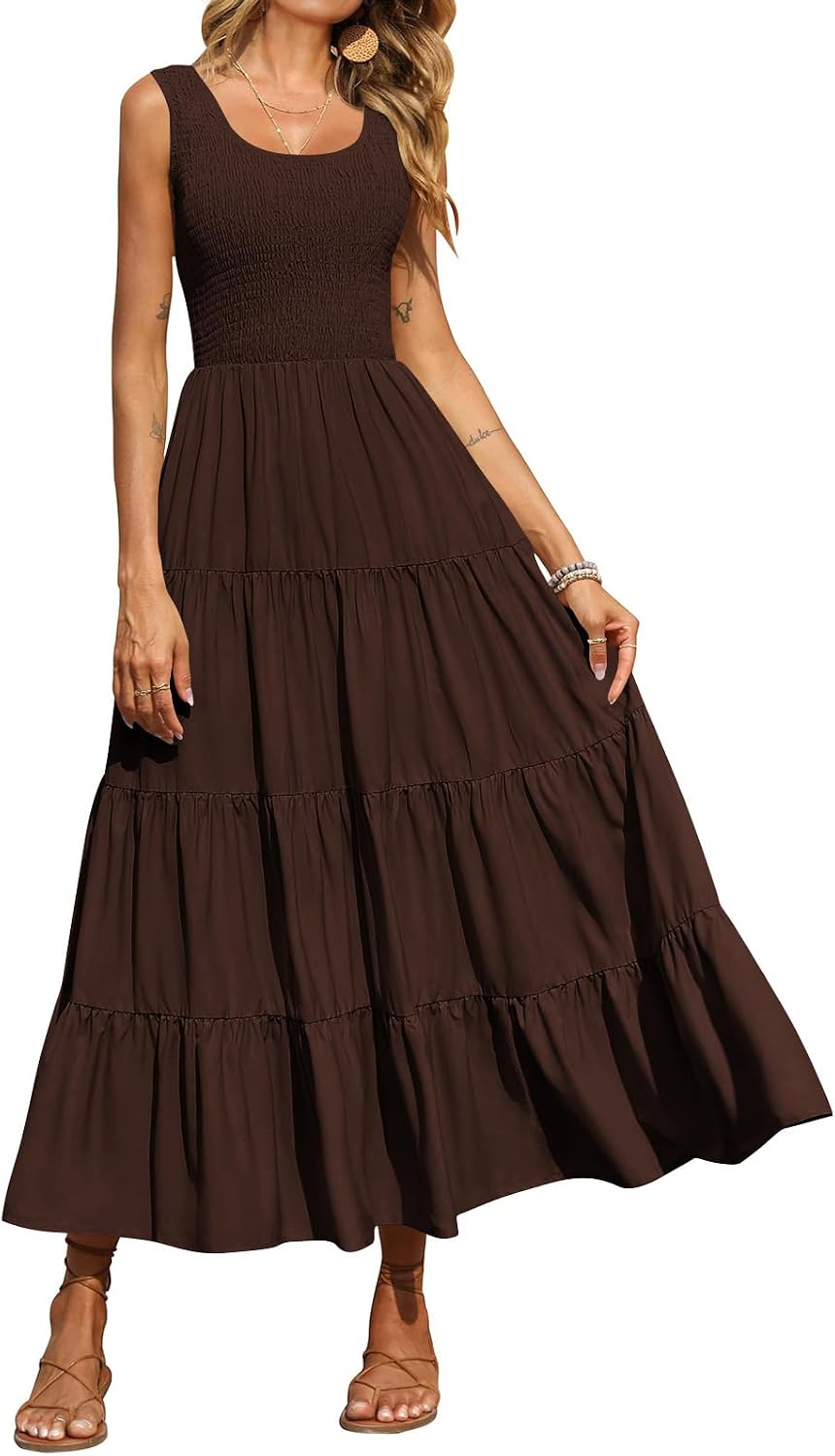 Detalle de PRETTYGARDEN Women's 2026 Casual Loose Maxi Sundress with Smocked Tank and Tiered Design