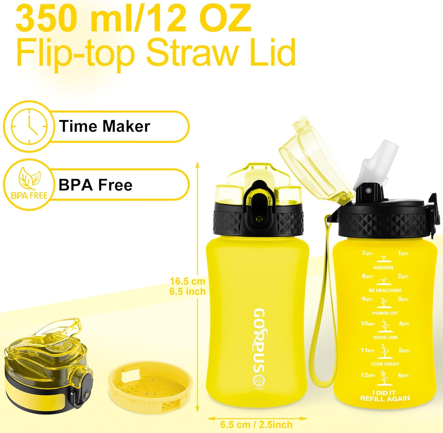 Thumbnail 4 de GOPPUS 350ml Kids Water Bottle with Straw – Leak-Proof, BPA Free, Time Markings (Yellow)