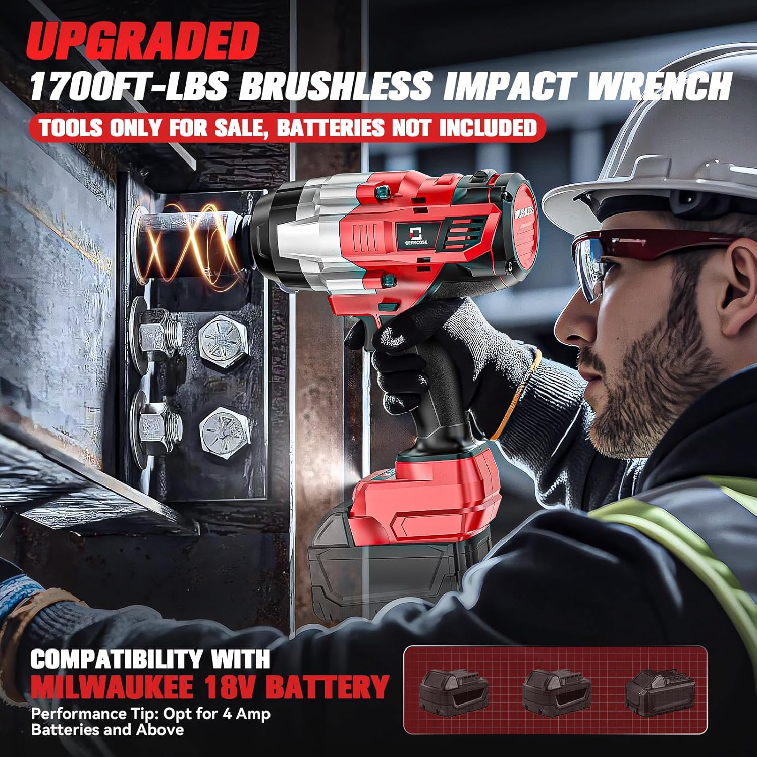Detalle de Cordless Impact Wrench 1/2 Inch — 1700 FT-LBS Heavy-Duty, Milwaukee 18V Compatible (Bare Tool)