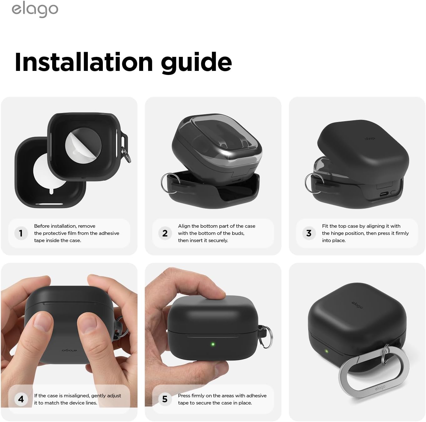 Thumbnail 6 de elago Coque en silicone pour boîtier Samsung Galaxy Buds 4 Pro & Buds 4, protection avec mousqueton et compatibilité charge sans fil (Noir)