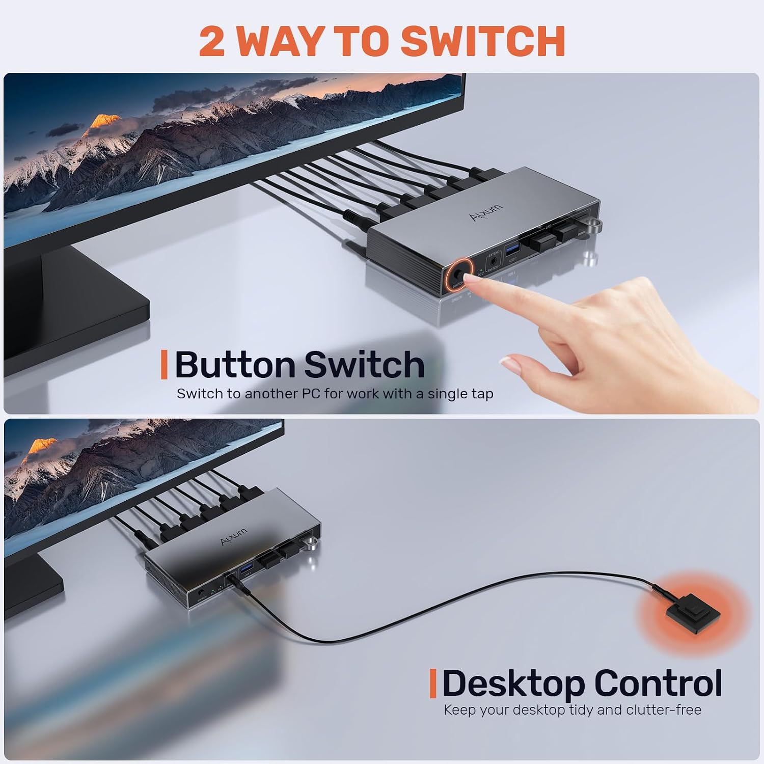 Detalle de Alxum KVM Switch 2 Computers, 1 Monitor — 8K@60Hz, 4 USB Ports, 2 Switching Modes
