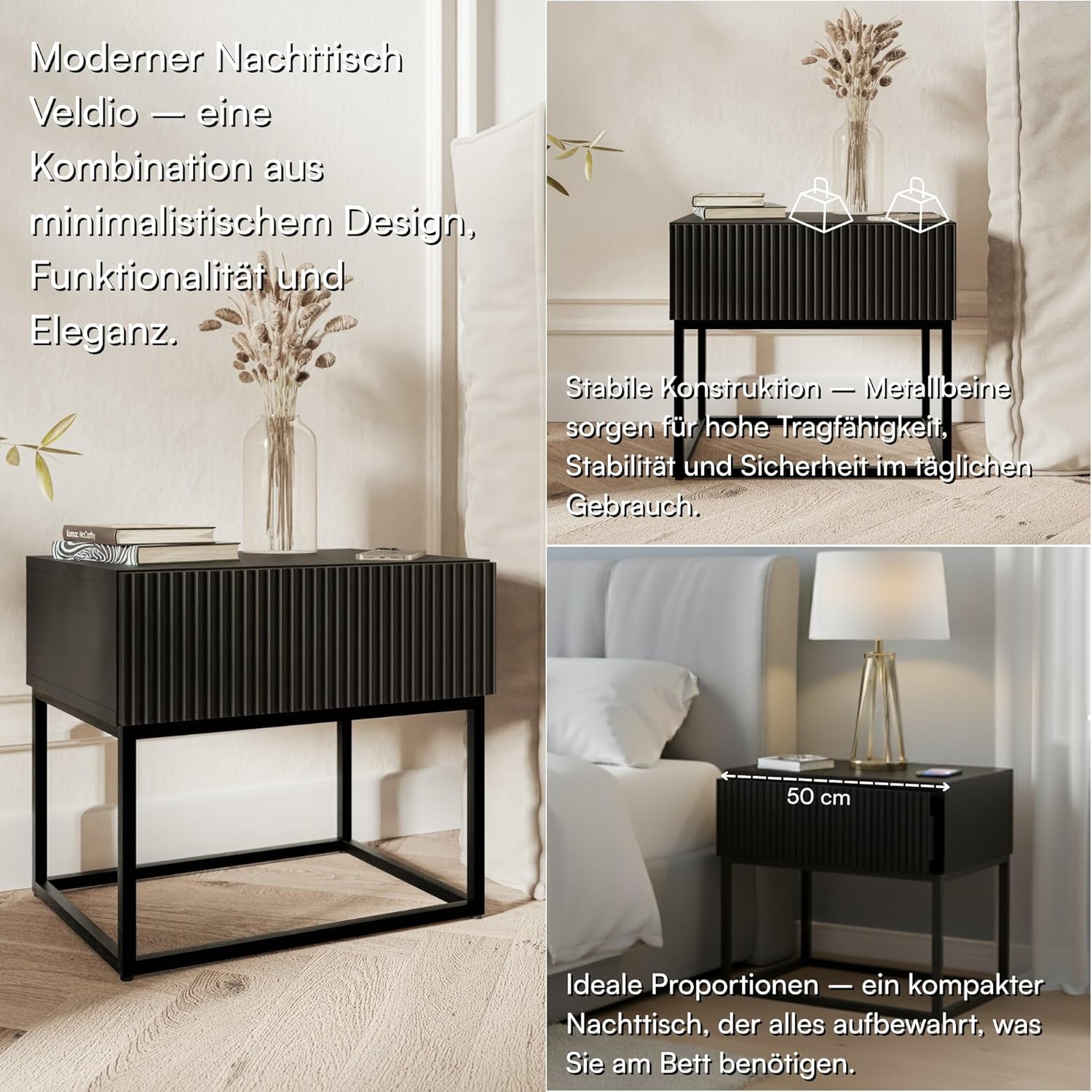 Detalle 2 de Selsey Nachttisch mit Schublade und Lamellenfront, 44 x 50 x 35,6 cm (Schwarz)