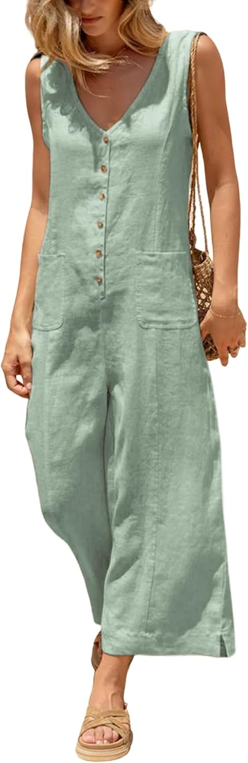 Detalle de Yeokou Women Button Down Cotton Linen Jumpsuit with Pockets