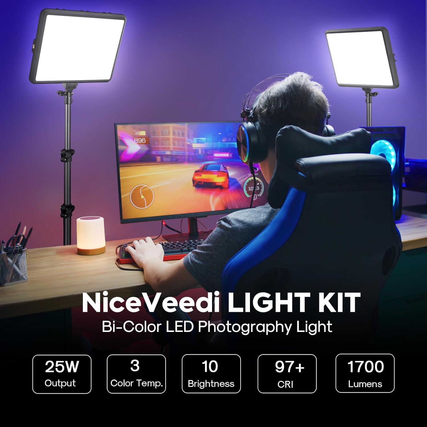 Detalle 2 de NiceVeedi 25W LED Video Panel Light Kit (2-Pack) with 185cm stands, tripod, 2900–7000K dimmable lighting