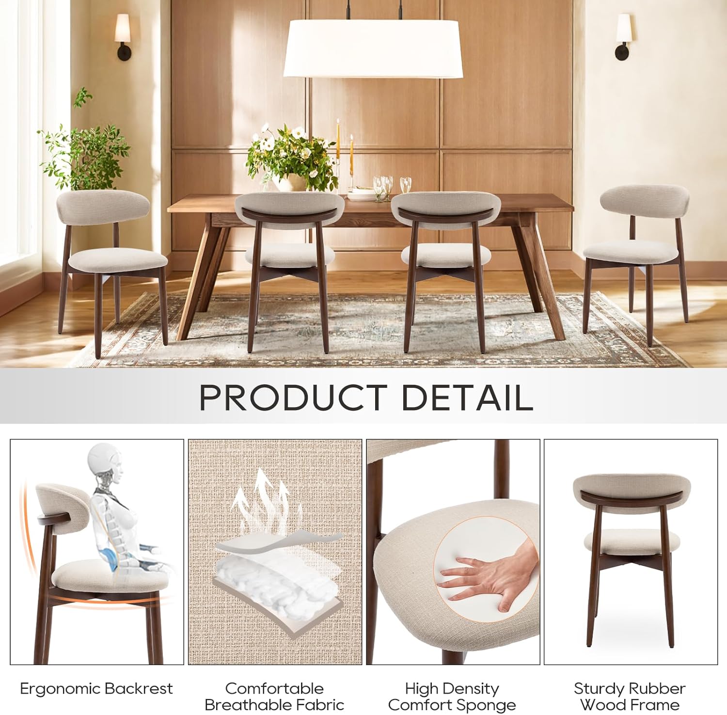 Thumbnail 4 de COLAMY modern dining chairs set with wooden legs – upholstered fabric seats with curved backrest