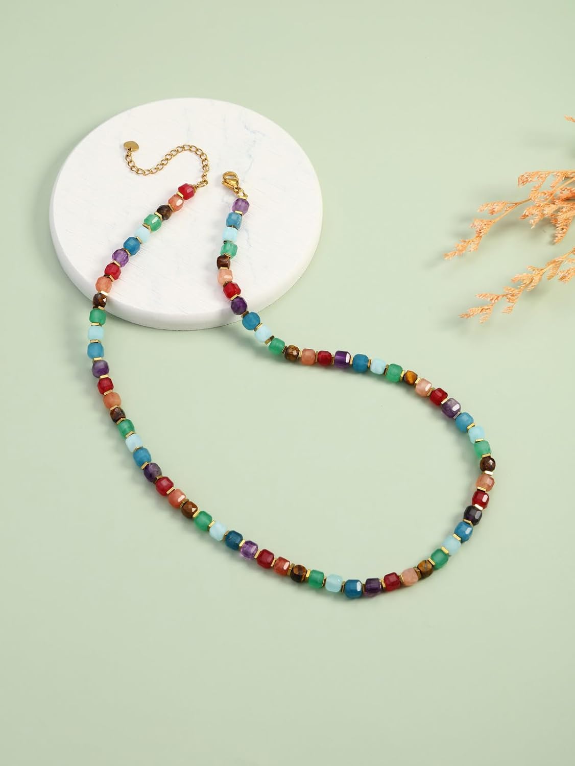 Thumbnail 2 de Bunte Perlenkette für Damen JSDDE – Chakra-Kette mit facettierten Würfelperlen, 5 mm Edelstein-/Heilstein-Anmutung