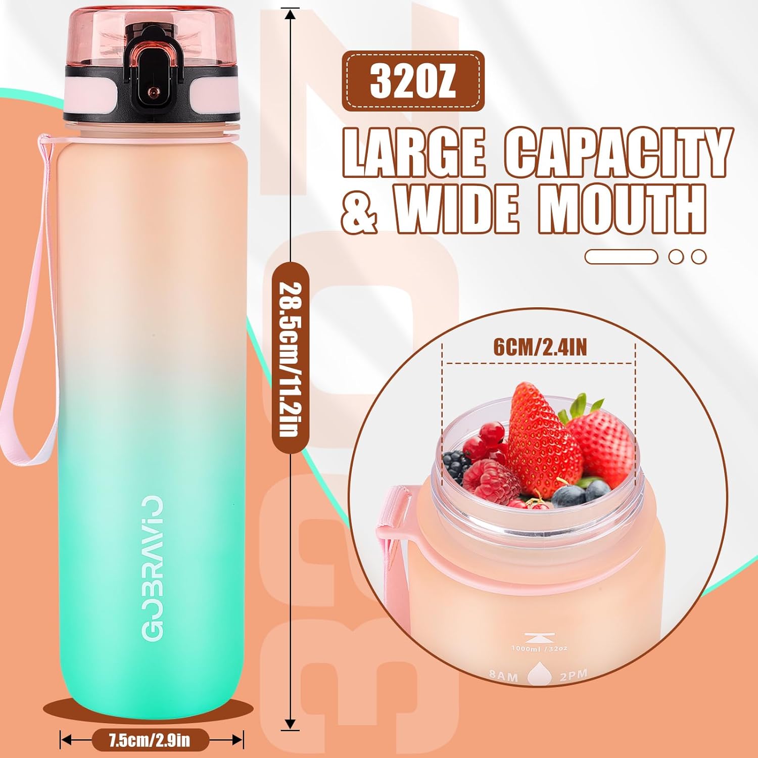 Thumbnail 3 de Gobravio Water Bottle 1L – BPA Free, Leakproof with Time Markings