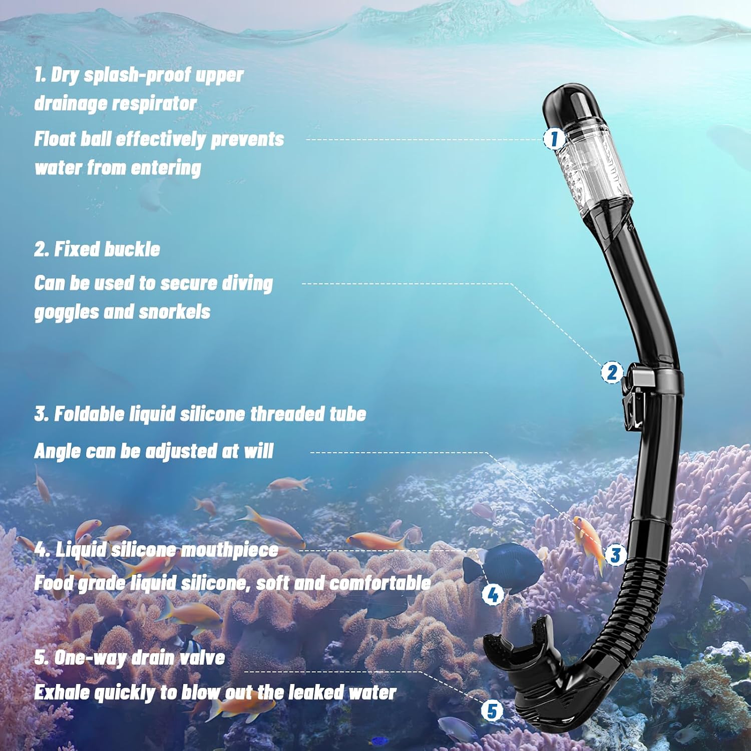 Thumbnail 3 de Set snorkeling adulti con maschera panoramica a 3 finestre e boccaglio – antiappannamento e anti-fuga
