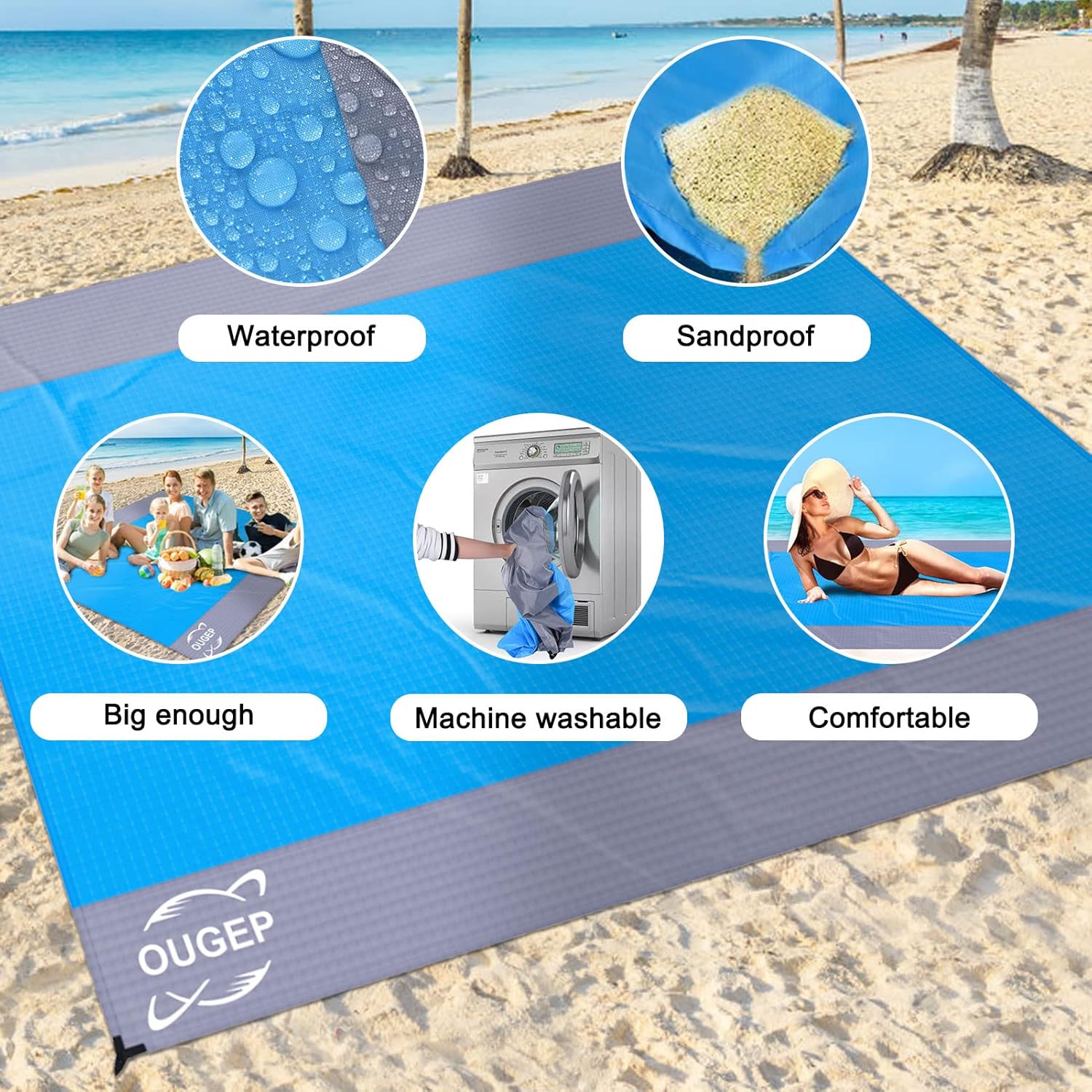 Thumbnail 3 de OUGEP Beach Blanket: 230 x 200 cm Waterproof Picnic Blanket in Blue