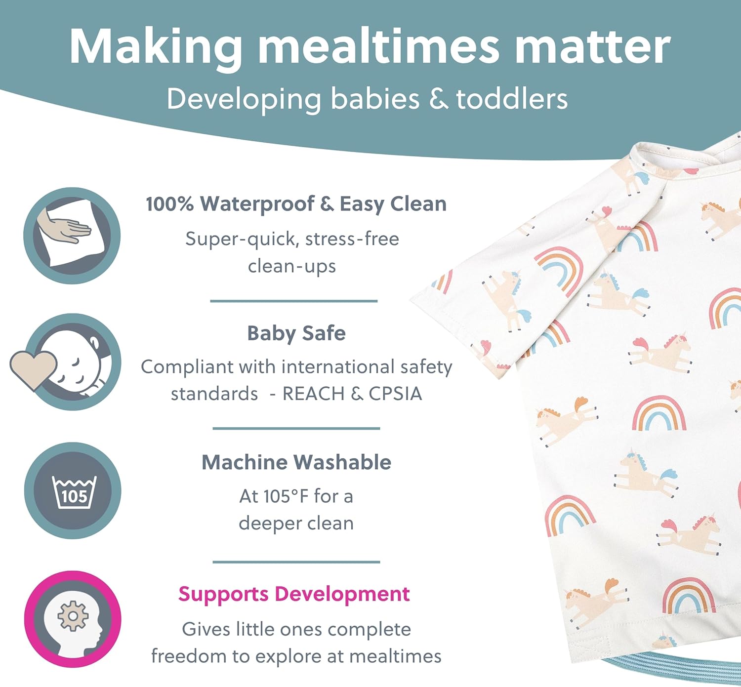 Detalle de BIBaDO Short Sleeve Baby Bibs (6–36 Months): Coverall Weaning Bib for Messier Mealtimes