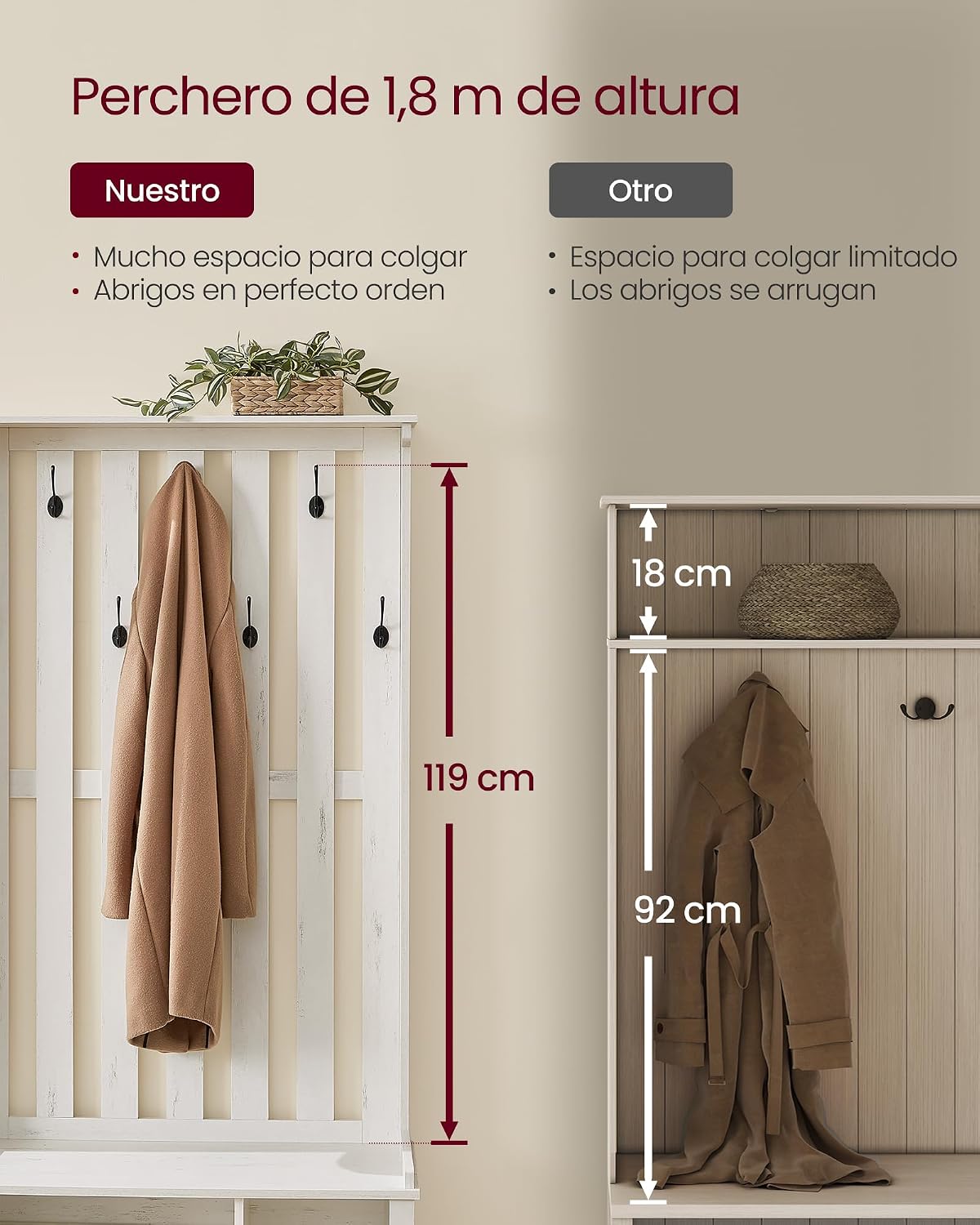 Detalle 1 de VASAGLE HELAN HSR414W01 Coat Rack with Shoe Bench, Adjustable Shelves