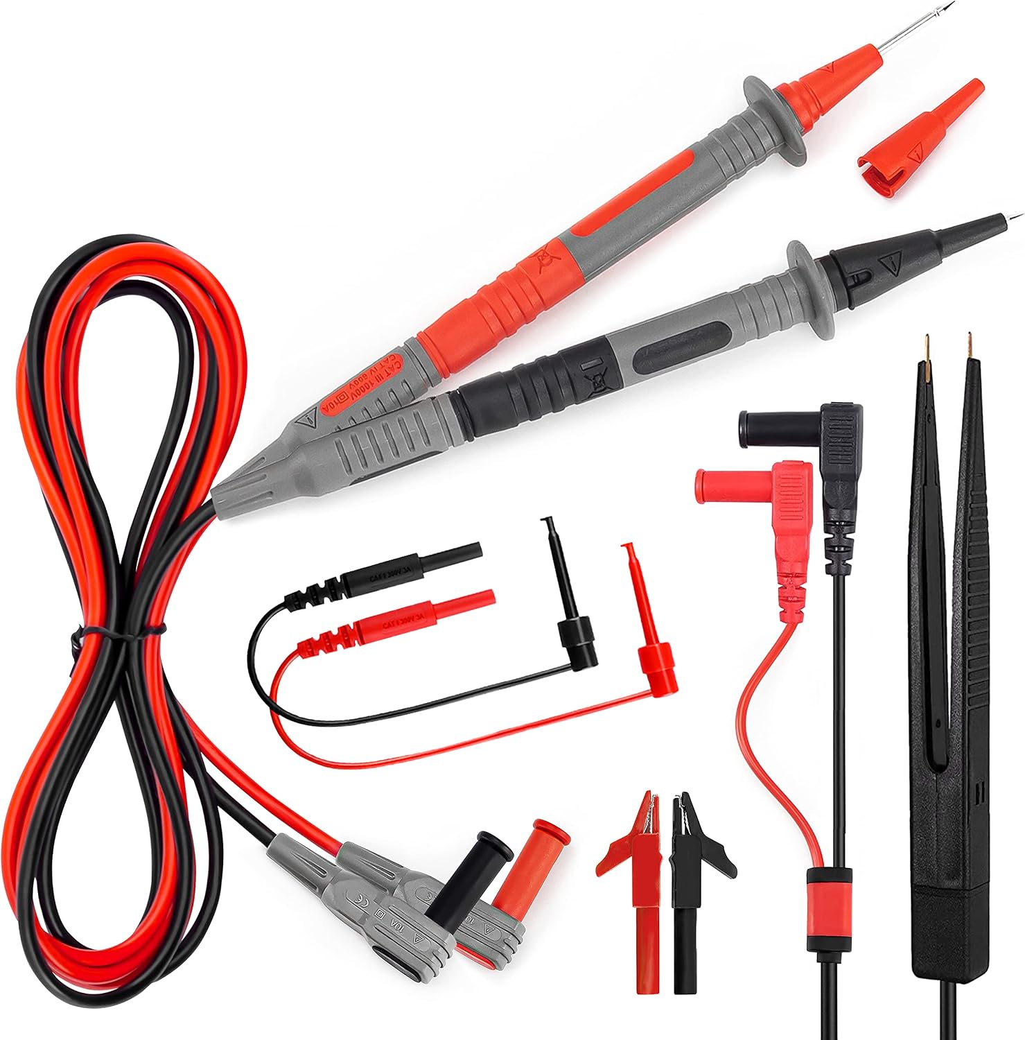 Detalle de KAIWEETS KET012 kit di cavi di prova per multimetro con clip a coccodrillo e accessori, CAT III 1000V / CAT IV 600V