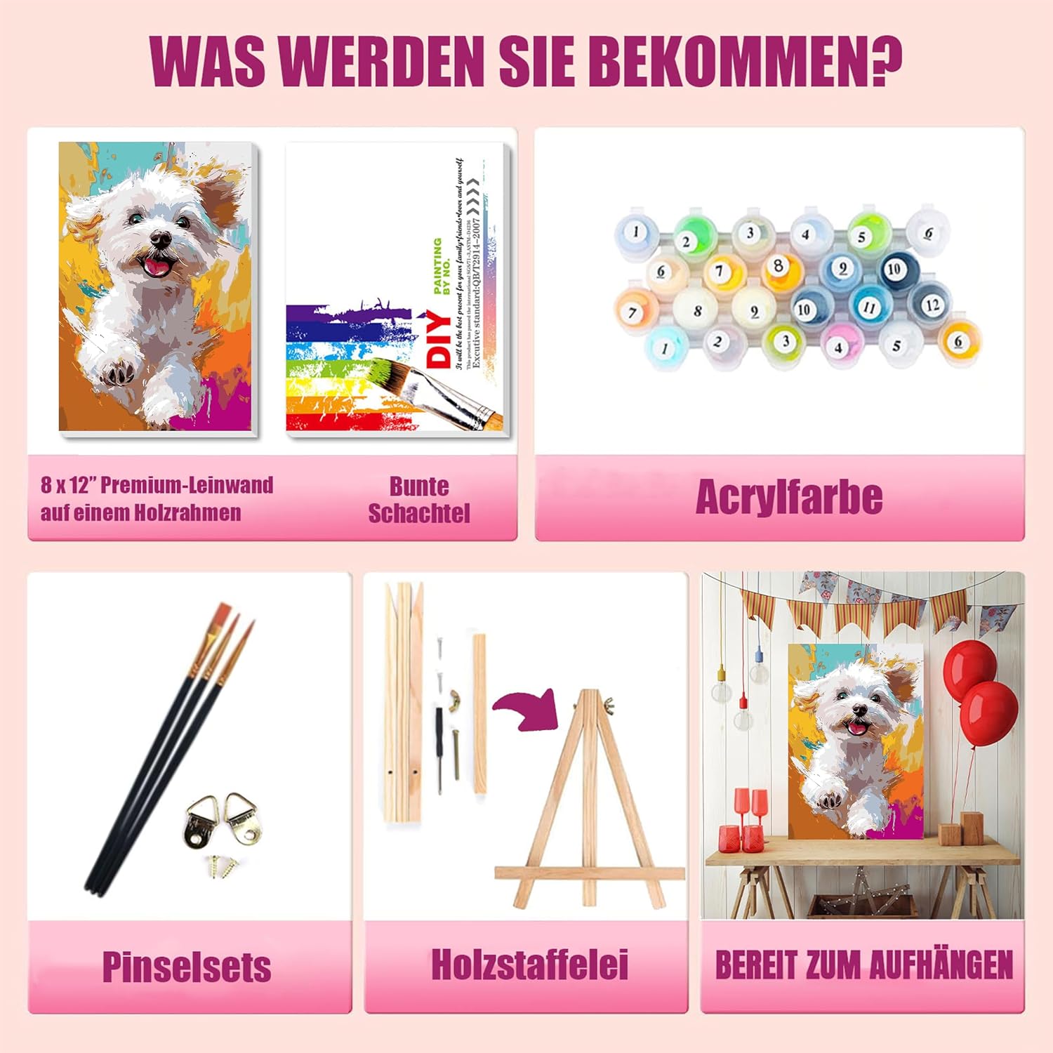 Detalle 2 de Pujeknm Hund Malen nach Zahlen für Mädchen ab 5–7 Jahre mit Rahmen – Holzstaffelei, Acrylfarben & Set (30x20 cm, Süßes Hund)